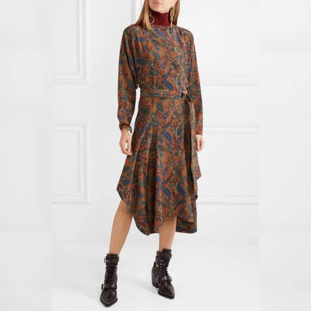 Chloe Brown & Blue Paisley Silk De Chine Belted Asymmetric Midi Dress